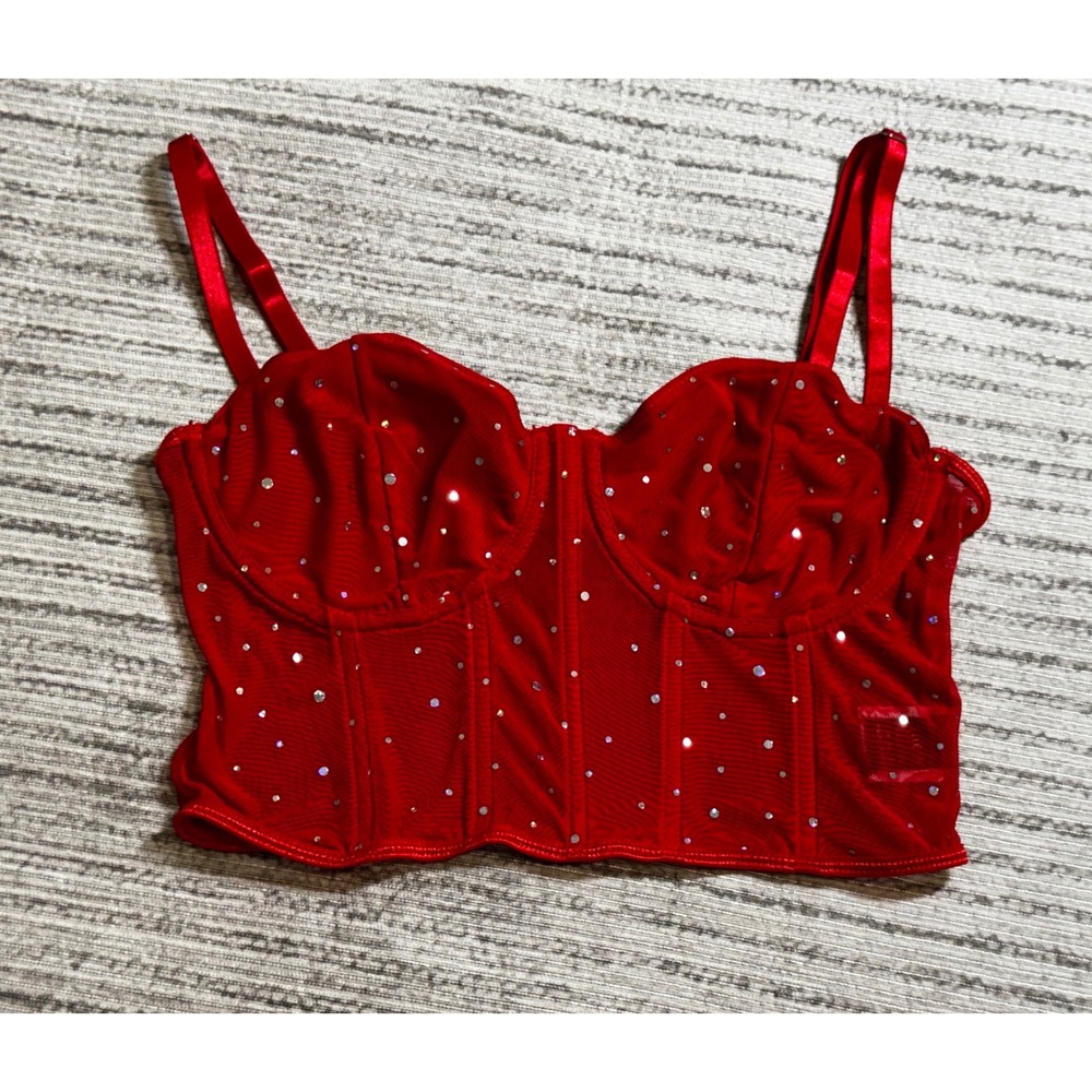SHEIN Red Rhinestone Mesh Corset Top Bustier Underwire Crop Top Womens Medium